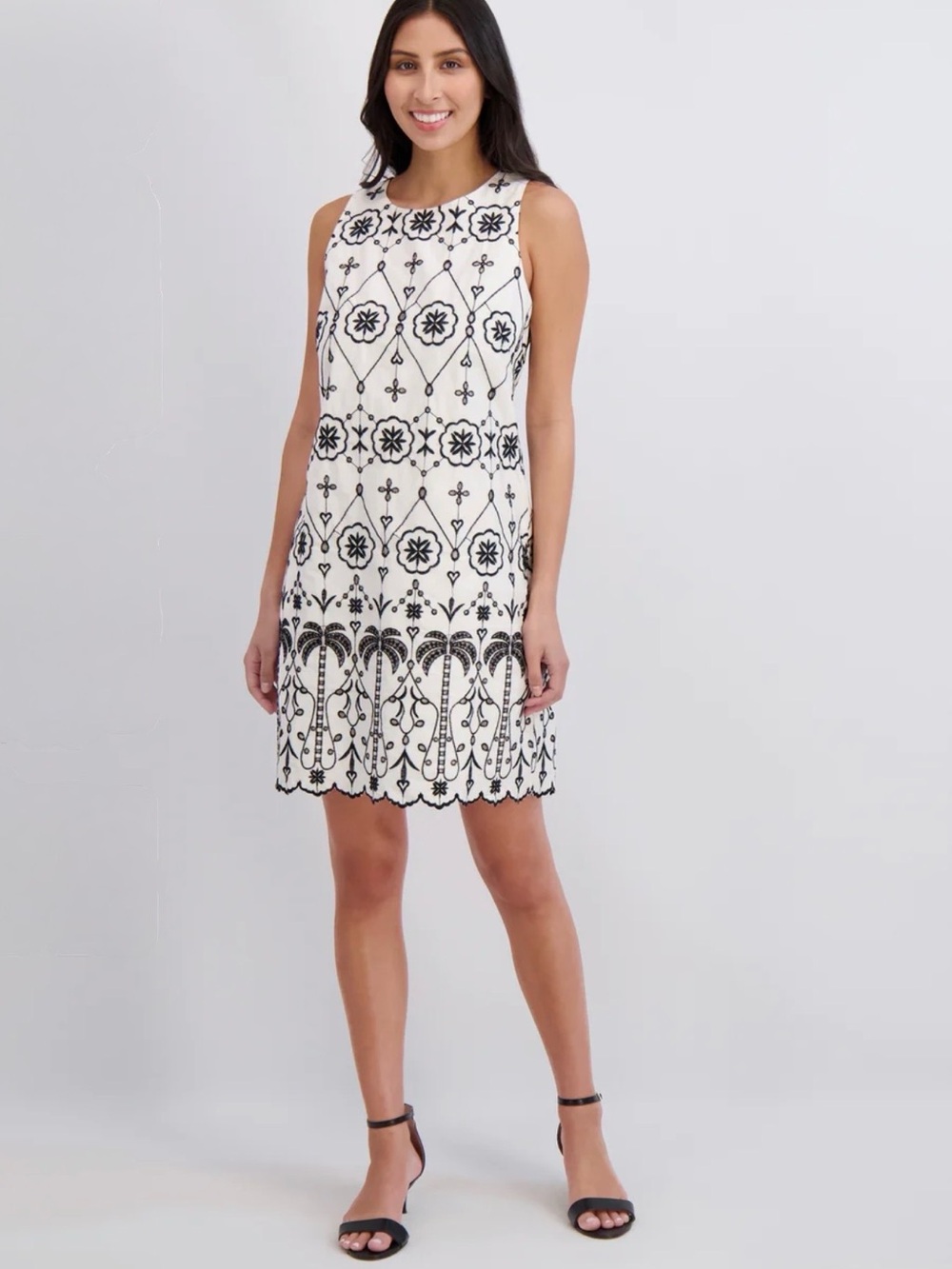 London Times White Mini Dress with Black Embroidery NWOT Size 10